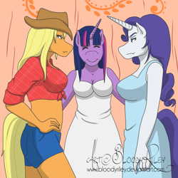 Size: 800x800 | Tagged: safe, artist:bloodriley, artist:therealkyuubi16, applejack, rarity, twilight sparkle, anthro, look before you sleep, belly button, equestrian heroes, kyuubi16, midriff