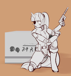 Size: 1366x1464 | Tagged: safe, artist:scorpdk, derpibooru import, twilight sparkle, anthro, big boss, cosplay, eyepatch, future twilight, gun, konami, metal gear, monochrome, no trigger discipline, pistol, solid snake, solo, stealth suit, usp, weapon