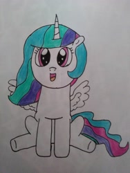 Size: 3120x4160 | Tagged: safe, artist:supahdonarudo, princess celestia, alicorn, pony, celestia day, cewestia, cute, cutelestia, female, filly, open mouth, sitting, traditional art, younger