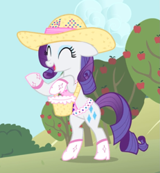 Size: 673x727 | Tagged: safe, screencap, rarity, pony, unicorn, simple ways, apple tree, bipedal, boots, clothes, cropped, cute, eyes closed, female, floppy ears, hat, mare, open mouth, raribetes, rhinestone rarihick, shoes, smiling, solo, tree