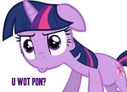 Size: 900x653 | Tagged: safe, derpibooru import, twilight sparkle, caption, exploitable meme, image macro, meme, purple text, reaction image, simple background, text, u wot m8, vector, white background