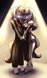 Size: 750x1250 | Tagged: safe, artist:siden, octavia melody, oc, anthro, unguligrade anthro, cleavage, clothes, dancing, dress, female, hooves, romantic, stockings