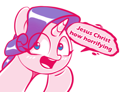 Size: 666x508 | Tagged: safe, artist:killasher, rarity, pony, unicorn, jesus christ how horrifying, looking at you, meme, smiling, solo, vulgar