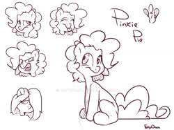 Size: 1024x768 | Tagged: safe, artist:fattydash, pinkie pie, earth pony, pony, emotions, head turn, looking away, monochrome, skeptical, sketch, smiling, solo, surprised, teary eyes, tongue out, watermark