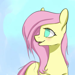 Size: 2000x2000 | Tagged: safe, artist:dayana, fluttershy, pegasus, pony, big eyes, blue background, no catchlights, no pupils, simple background, smiling, solo, tired