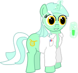 Size: 993x934 | Tagged: safe, artist:roflpony, lyra heartstrings, pony, unicorn, clothes, goggles, lab coat, safety goggles, science, simple background, solo, test tube, transparent background