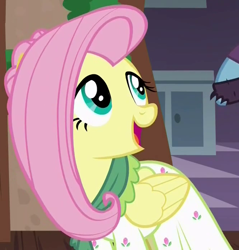 Size: 666x696 | Tagged: safe, screencap, flutterholly, fluttershy, pegasus, pony, a hearth's warming tail, clothes, cute, dress, female, looking back, mare, open mouth, shyabetes, solo