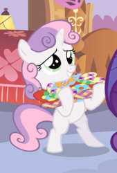 Size: 362x537 | Tagged: safe, screencap, rarity, sweetie belle, pony, unicorn, for whom the sweetie belle toils, bipedal, blank flank, cropped, female, filly, holding, mare, offscreen character, smiling, solo focus