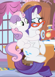 Size: 669x940 | Tagged: safe, screencap, rarity, sweetie belle, pony, unicorn, for whom the sweetie belle toils, blank flank, cropped, female, filly, glasses, hug, lidded eyes, looking at each other, looking back, mare, sisters, sitting, smiling