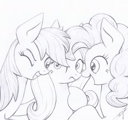 Size: 1024x958 | Tagged: safe, artist:xeviousgreenii, derpibooru import, fluttershy, pinkie pie, rainbow dash, earth pony, pegasus, pony, atg 2020, monochrome, newbie artist training grounds, traditional art