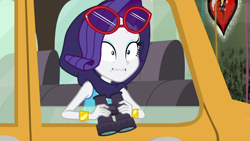 Size: 1920x1080 | Tagged: safe, screencap, rarity, better together, equestria girls, fomo, binoculars, bracelet, jewelry, lip bite, shawl, shocked, shocked expression, spying, sunglasses, taxi