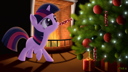 Size: 4000x2250 | Tagged: safe, artist:galekz, derpibooru import, twilight sparkle, absurd resolution, candy, christmas, christmas tree, cute, filly, filly twilight sparkle, fireplace, solo, tree