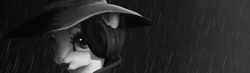 Size: 1200x350 | Tagged: safe, artist:pidffee, rarity, pony, unicorn, bust, detective rarity, hat, head only, lipstick, noir, portrait, rain, solo