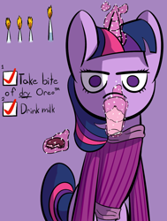 Size: 908x1200 | Tagged: safe, artist:crashbrowns, derpibooru import, twilight sparkle, oreo, solo