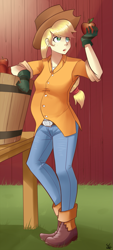 Size: 527x1162 | Tagged: safe, edit, applejack, human, apple, barn, food, humanized, preggo jack, pregnant, pregnant edit, solo