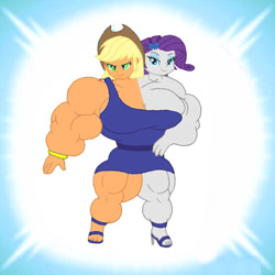 Size: 894x894 | Tagged: safe, applejack, rarity, equestria girls, applejacked, breasts, buff, cleavage, conjoined, female, fusion, lesbian, muscles, rarijack, ripped rarijacked, ripped rarity, shipping, two heads, we have become one, what has science done