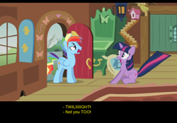 Size: 1024x714 | Tagged: safe, artist:trotsworth, derpibooru import, rainbow blitz, rainbow dash, twilight sparkle, pegasus, pony, unicorn, comic:wrong spell, rule 63, shocked