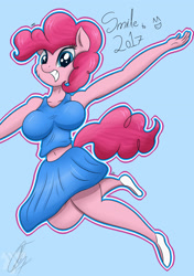 Size: 2144x3047 | Tagged: safe, artist:nexcoyotlgt, pinkie pie, anthro, plantigrade anthro, breasts, clothes, cute, female, jumping, pinkie pies, shoes, skirt, smiling, solo