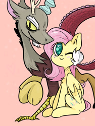 Size: 2344x3122 | Tagged: safe, artist:stargee, discord, fluttershy, draconequus, pegasus, pony, discoshy, female, heart eyes, male, shipping, straight, wingding eyes