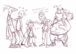 Size: 3507x2480 | Tagged: safe, artist:audrarius, crackle, fume, garble, spear (dragon), spike, human, dragon quest, buff, clump, human garble, human spike, humanized, scene interpretation, sketch, teenaged dragon