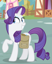 Size: 611x749 | Tagged: safe, screencap, rarity, pony, unicorn, inspiration manifestation, cropped, female, mare, raised hoof, saddle bag, smiling, smirk, solo