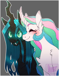 Size: 1050x1350 | Tagged: safe, artist:pastel-pony-pictures, princess celestia, queen chrysalis, alicorn, changeling, changeling queen, pony, blushing, chryslestia, curved horn, eyes closed, fangs, female, gray background, lesbian, mare, open mouth, quadrupedal, shipping, simple background, smiling