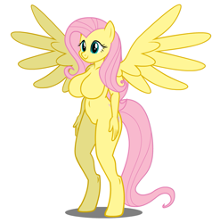 Size: 989x1001 | Tagged: safe, artist:flash equestria photography, fluttershy, anthro, unguligrade anthro, barbie doll anatomy, belly button, big breasts, breasts, female, hootershy, show accurate anthro, simple background, solo, spread wings