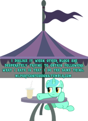 Size: 500x691 | Tagged: safe, lyra heartstrings, pony, unicorn, female, horn, mare, meta, pony confession, text