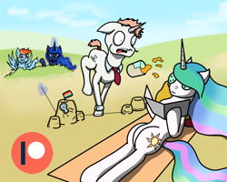 Size: 750x600 | Tagged: safe, artist:tunrae, derpibooru import, princess celestia, princess luna, rainbow dash, oc, alicorn, pegasus, pony, unicorn, beach, dune, female, hoofbump, horn, juice, male, orange juice, patreon, patreon logo, prank, sandcastle, spill, spilled drink, tanning mirror, tripwire, unicorn oc, unnamed oc