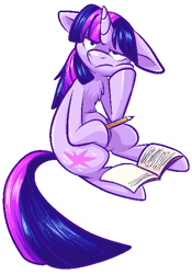 Size: 435x623 | Tagged: safe, artist:fizzy-dog, derpibooru import, twilight sparkle, book, chest fluff, pencil, solo, twilight is not amused, unamused