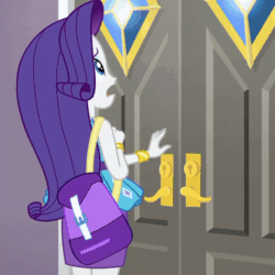 Size: 796x796 | Tagged: safe, screencap, rarity, better together, equestria girls, fomo, animated, bracelet, clothes, cropped, door, drama queen, female, geode of shielding, gif, jewelry, magical geodes, marshmelodrama, pencil skirt, purse, rarity being rarity, skirt, swoon