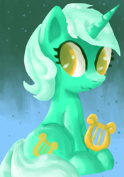 Size: 561x800 | Tagged: safe, artist:paintrolleire, lyra heartstrings, pony, unicorn, female, lyre, mare, musical instrument, sitting, solo