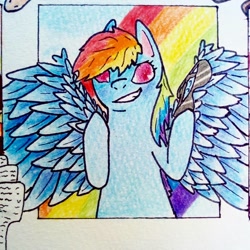 Size: 1080x1080 | Tagged: safe, alternate version, artist:l0u1ou, derpibooru import, rainbow dash, pegasus, pony, bust, cropped, grin, hoof hold, smiling, spread wings, sunglasses, traditional art, wings