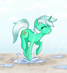 Size: 910x994 | Tagged: safe, artist:lisaorise, lyra heartstrings, pony, unicorn, crepuscular rays, eyes closed, happy, puddle, smiling, solo, water