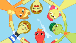 Size: 640x360 | Tagged: safe, screencap, apple bloom, applejack, big macintosh, flam, flim, granny smith, earth pony, pony, the super speedy cider squeezy 6000, circle, flim flam brothers, male, stallion