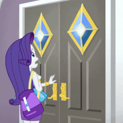 Size: 800x800 | Tagged: safe, screencap, rarity, better together, equestria girls, fomo, animated, cropped, door, female, geode of shielding, gif, magical geodes, marshmelodrama, purse, rarity being rarity, swoon