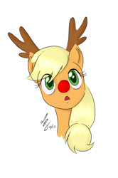 Size: 1080x1626 | Tagged: safe, artist:oznerart, applejack, earth pony, pony, bust, colored pupils, open mouth, portrait, red nose, reindeer antlers, simple background, solo, white background