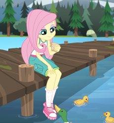 Size: 1570x1700 | Tagged: safe, edit, edited screencap, screencap, fluttershy, duck, equestria girls, legend of everfree, bread, clothes, cute, duckling, food, legs, pier, shoes, shyabetes, sitting, skirt, smiling, socks, tanktop, tree, water