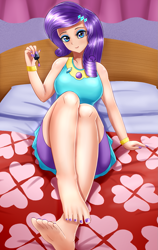 Size: 1183x1872 | Tagged: safe, artist:focusb, rarity, human, equestria girls, bare shoulders, barefoot, bed, bedroom, cute, feet, female, humanized, legs, nail polish, raribetes, solo, toenail polish