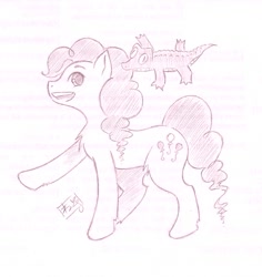 Size: 719x761 | Tagged: safe, artist:n-yui, gummy, pinkie pie, earth pony, pony, biting, hair bite, monochrome, smiling, traditional art, walking