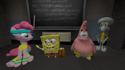 Size: 1280x720 | Tagged: artist needed, safe, pinkie pie, earth pony, pony, 3d, 3d model, fun, krabby patty, look, patrick star, source filmmaker, spongebob squarepants, squidward tentacles