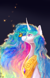 Size: 1024x1582 | Tagged: safe, artist:aquagalaxy, princess celestia, alicorn, butterfly, pony, beautiful, color porn, curved horn, female, jewelry, looking up, mare, necklace, solo