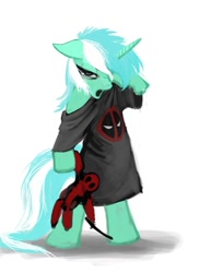 Size: 612x792 | Tagged: safe, artist:hattonslayden, lyra heartstrings, crossover, deadpool, morning ponies, sleepy, solo