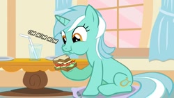 Size: 1024x576 | Tagged: safe, artist:tritebristle, lyra heartstrings, eating, nom, puffy cheeks, sandwich