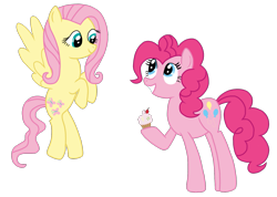 Size: 1777x1267 | Tagged: safe, artist:mlprocker123, fluttershy, pinkie pie, earth pony, pegasus, pony, cupcake, flying, food, hoof hold, simple background, smiling, transparent background