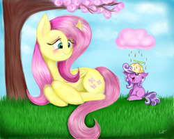 Size: 1024x819 | Tagged: safe, artist:lcpegasister75, fluttershy, screwball, earth pony, pegasus, pony, chocolate, chocolate rain, female, filly, food, rain