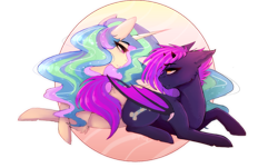 Size: 4108x2480 | Tagged: safe, artist:dino_horse, princess celestia, oc, oc:spook, alicorn, demon, demon pony, pony, bonebutt, female, lesbian, present, shipping, simple background, transparent background