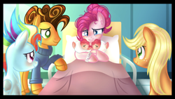 Size: 2208x1242 | Tagged: safe, artist:sir art, derpibooru import, applejack, cheese sandwich, pinkie pie, rainbow dash, oc, oc:cup and cake, earth pony, pegasus, pony, baby, baby pony, base used, cheesepie, conjoined, conjoined twins, female, male, offspring, parent:cheese sandwich, parent:pinkie pie, parents:cheesepie, shipping, siblings, sisters, straight