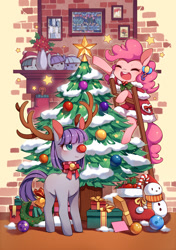 Size: 850x1205 | Tagged: safe, artist:huaineko, limestone pie, marble pie, maud pie, pinkie pie, earth pony, pony, antlers, christmas, christmas tree, chubbie, clothes, cute, decoration, diapinkes, maudabetes, missing cutie mark, pixiv, red nose, reindeer antlers, scarf, smiling, snowman, tree, when she smiles