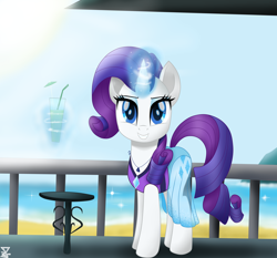 Size: 5900x5500 | Tagged: safe, artist:theretroart88, rarity, pony, unicorn, beach, clothes, cute, drink, equestria girls outfit, equestria girls ponified, female, jewelry, levitation, looking at you, magic, mare, movie accurate, necklace, ocean, ponified, raribetes, sarong, sky, smiling, solo, swimsuit, telekinesis